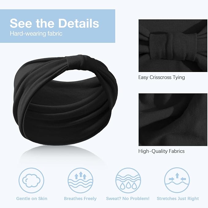 Awumbuk Wide Headbands for Women Knotted No Slip Head Bands Soft Turban Headband Hair Accessories Boho African Solid Color Head Wraps for Women Yoga Workout Pack of 6