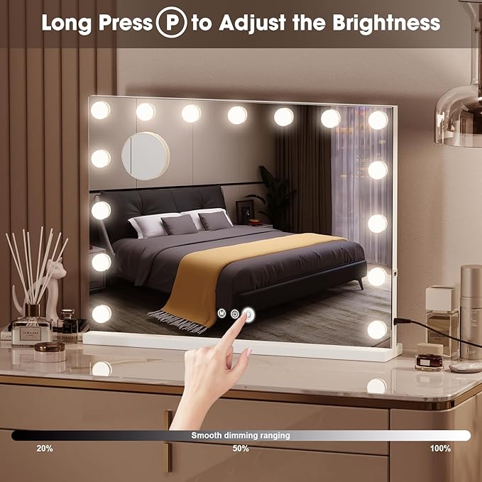 Vanity Mirror with Lights and Bluetooth, 23"X18" Hollywood Mirror for Desk/Wall-Mount, 3 Color Modes Light up Mirror with 15 LED Bulbs USB Charging Port and 10X Magnification, Gifts for Women