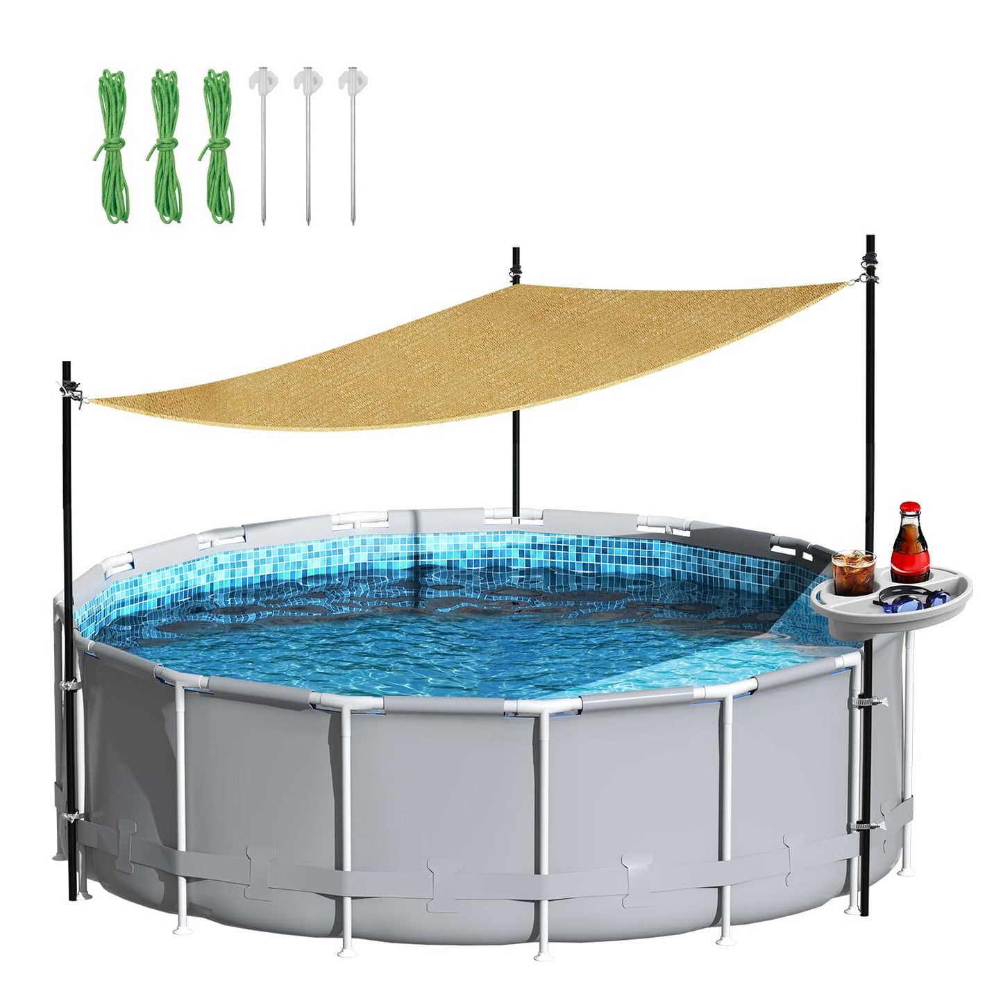 Vidoya Pool Shade Set for 11-16 Ft Above Ground Pools - UV-Resistant Shade Sail Triangular 10'x10'x10' with Storage Tray, Outdoor Sun Shade Canopy with Poles for Deck, Patio, Garden, Pool Accessories