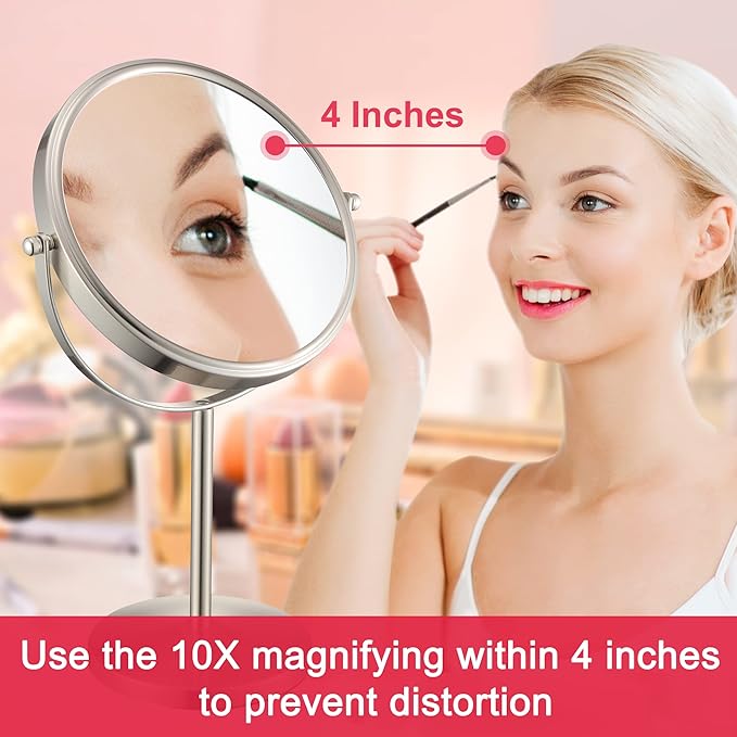ALHAKIN 10x Magnifying Makeup Mirror, 8 Inch Tabletop Mirror with 1X/10X Magnification Double Sided, Standing Bathroom Makeup Mirror for Desk, Nickel