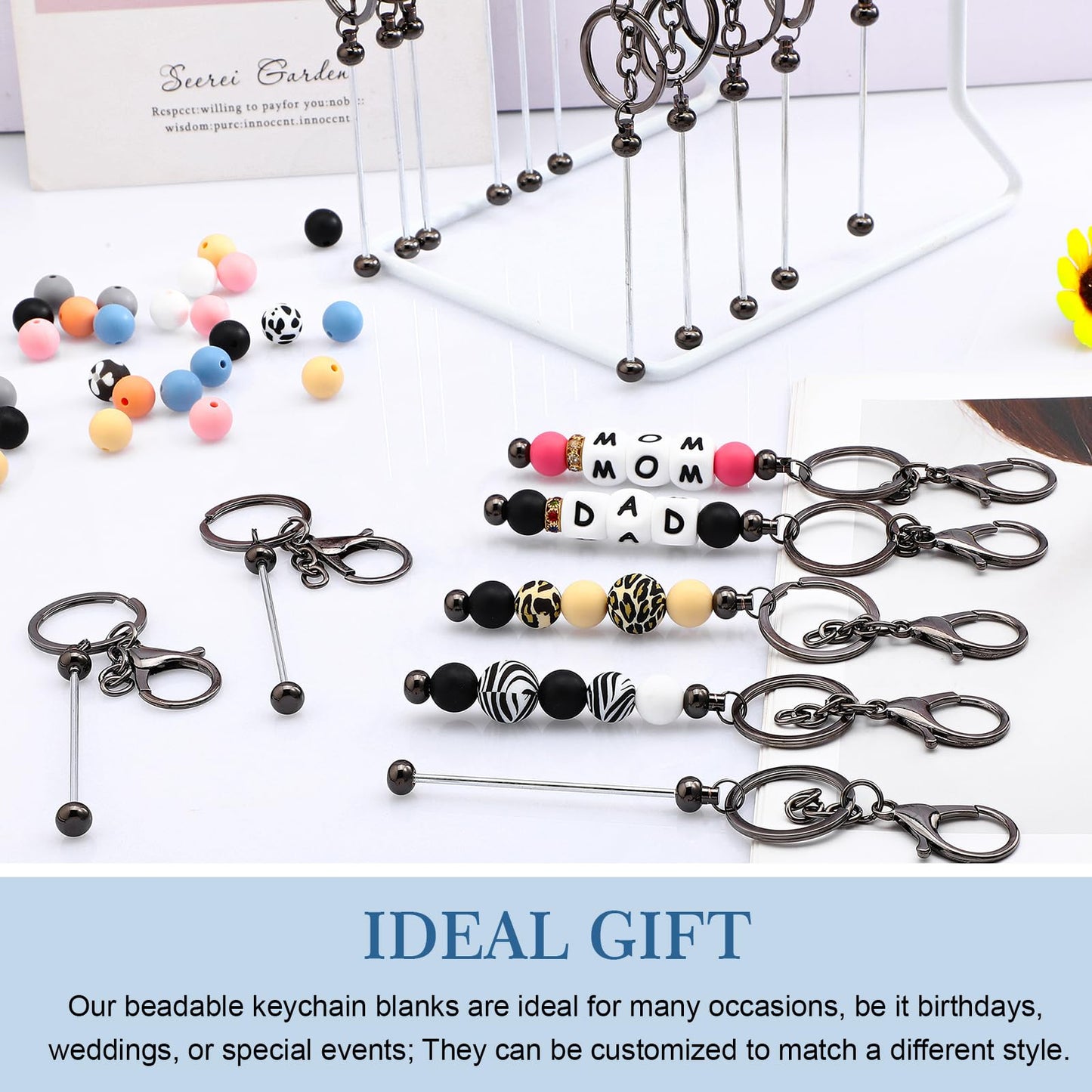 Tondiamo 24 Pcs Beadable Keychain Bars Bulk Beads for Keychain Making Kit Gifts for Women Men DIY Crafts(Gray)