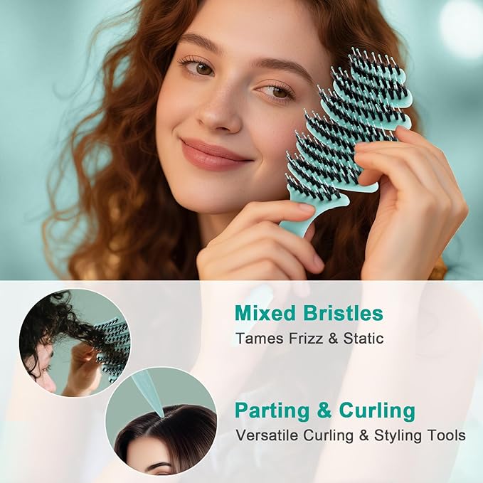 Boar and Nylon Bristle Hair Brush for Fine Hair - Ultimate Smoothing Vented Detangler Wet Brush for Women, A Great Gift, Aqua