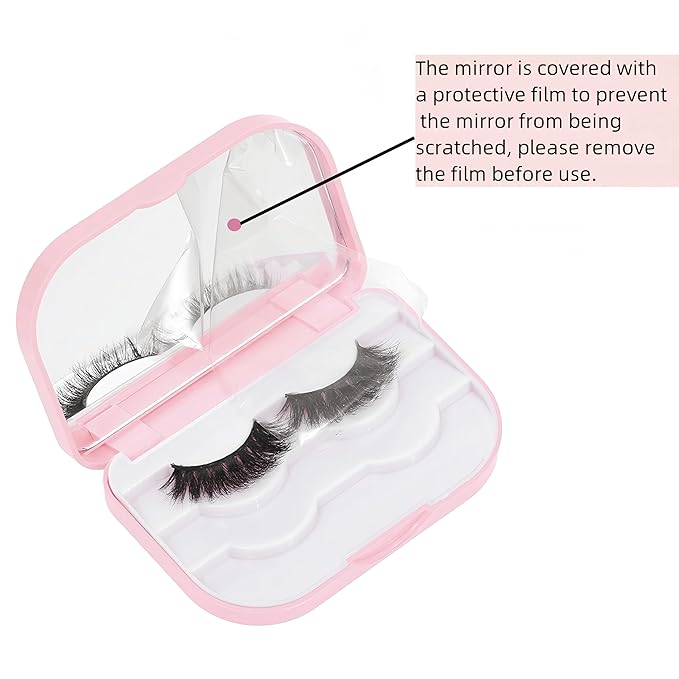 Cosmetic Case Empty Eyelashes Storage Case with Makeup Mirror Holder Box Fake Eyelash Packing Travel Storage Case Eyelashes Bag(Light Pink)