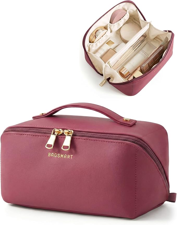 BAGSMART Makeup Bag Travel Cosmetic Bag, Large Make Up Bag Flat Open Toiletry Bag for Women, PU Leather Travel Essentials Organizer Case, Wide-open Pouch Purse for Skincare, Brushes, Burgundy
