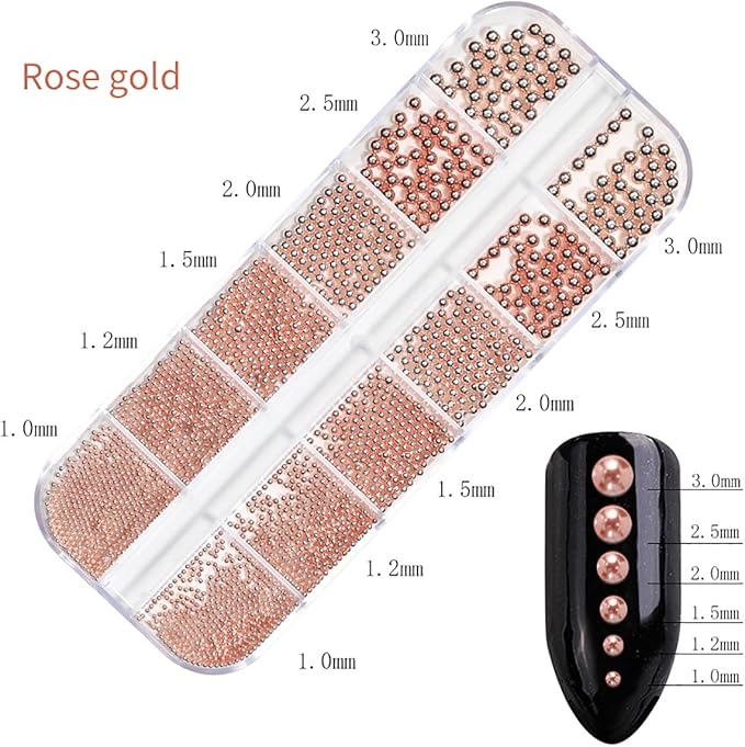 0.8mm Mini Small Nail Beads Stainless Steel Beads Nail Chain Charms Nails Art Decorations Gun Grey Rose Gold Caviar Nail Charms DIY Tool Nail Studs Accessories Caviar Art (Rose)