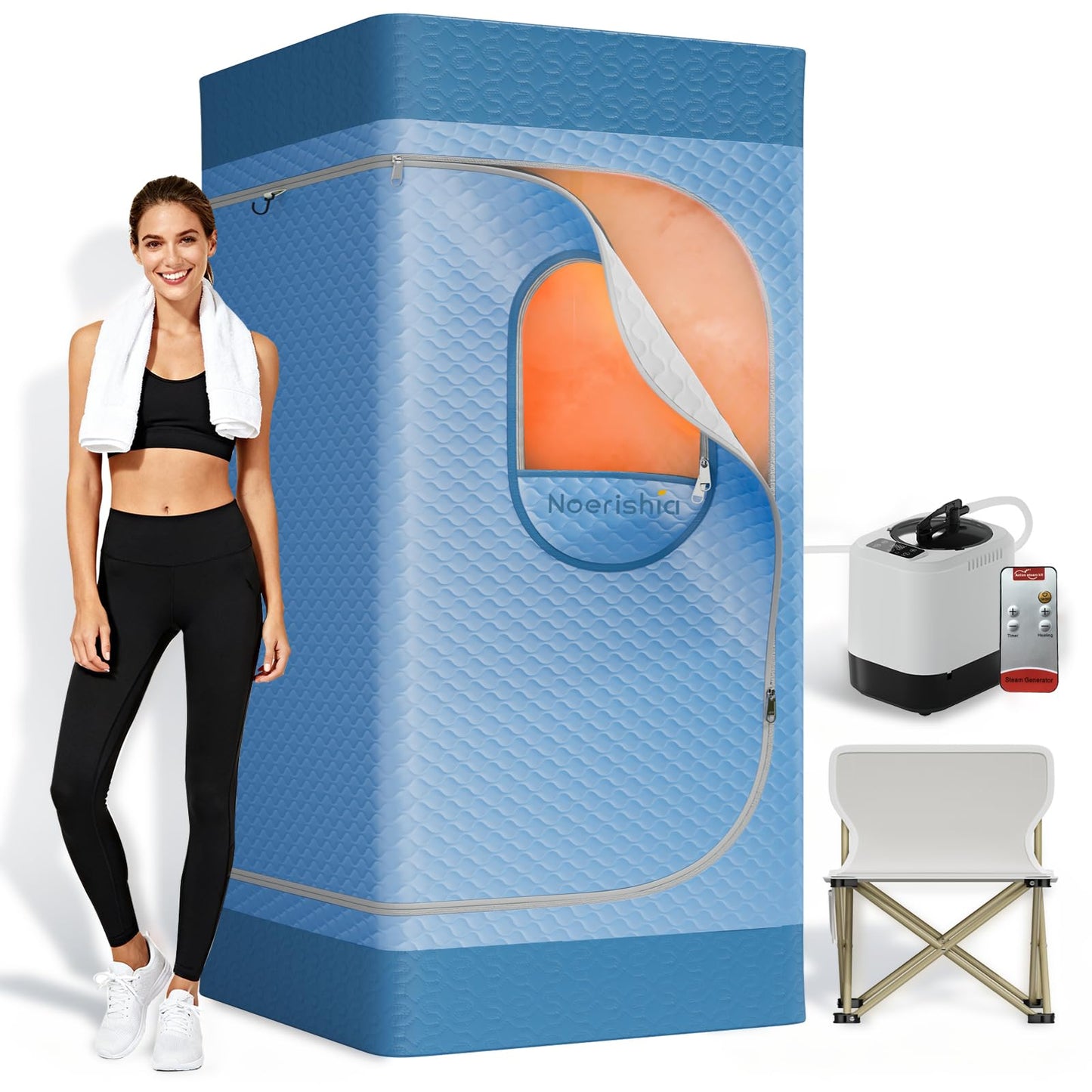 noerishia Portable Sauna for Home with 3L 1200W Steamer, Big Folding Chair, 99 Mins Timer, 9 Levels, Pernoanl Steam Sauna Tent Dual YKK Zippers for Home Spa Detoxification, 32' x32' x 71', Light Blue