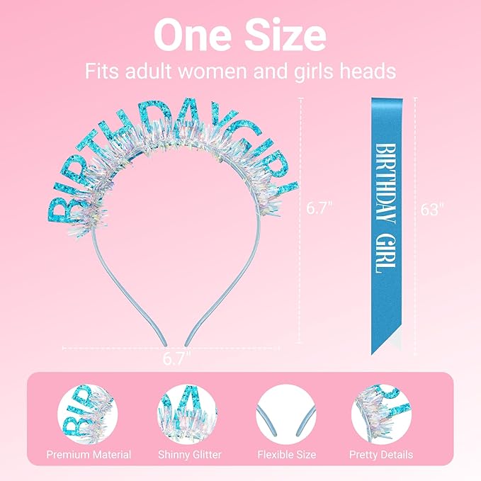 Birthday Headband with Sash for Women, Birthday Crwon Tiara for Decorations