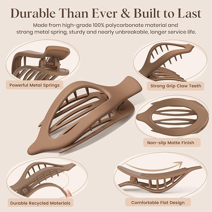 6 PCS Large Flat Hair Clips for Women Girls, French Concord Lay Down Flat Claw Clips for Thick Thin Hair, Comfortable Curved Flat Hair Clip, Matte Non-slip Strong Hold Hair Accessories, Brown