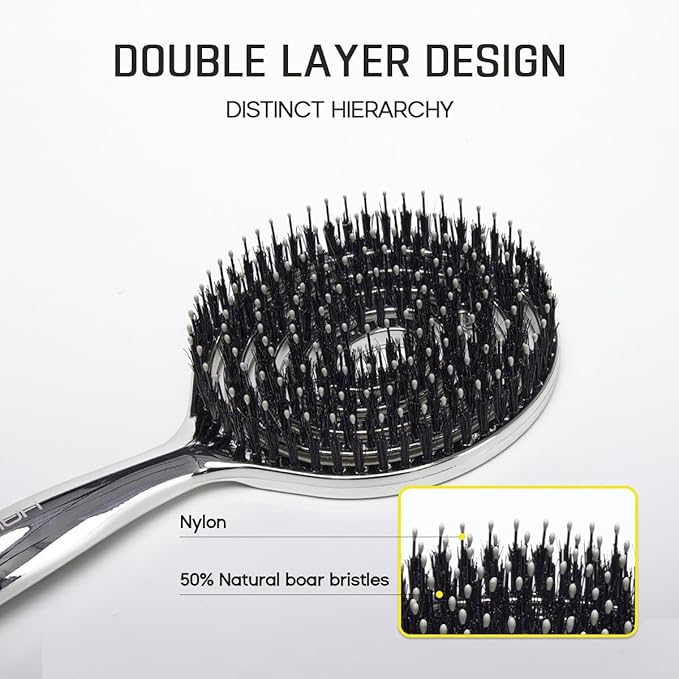 HALOVIDA Hair Brush for Women with Double layer Boar Bristle & Nylon Detangler with Elastic Air Cushion Anti Static Scalp Massage Brush for Smooth Frizz Free Hair (1 Pack）