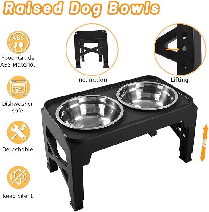 Hubulk Elevated Dog Bowls with 2 Stainless Steel Dog Food & Water Raised Bowls with No Spill Edge Non-Slip Stand Adjusts to 3 Heights(2.75", 6.0", 7.5") for Small Medium Dogs and Pet