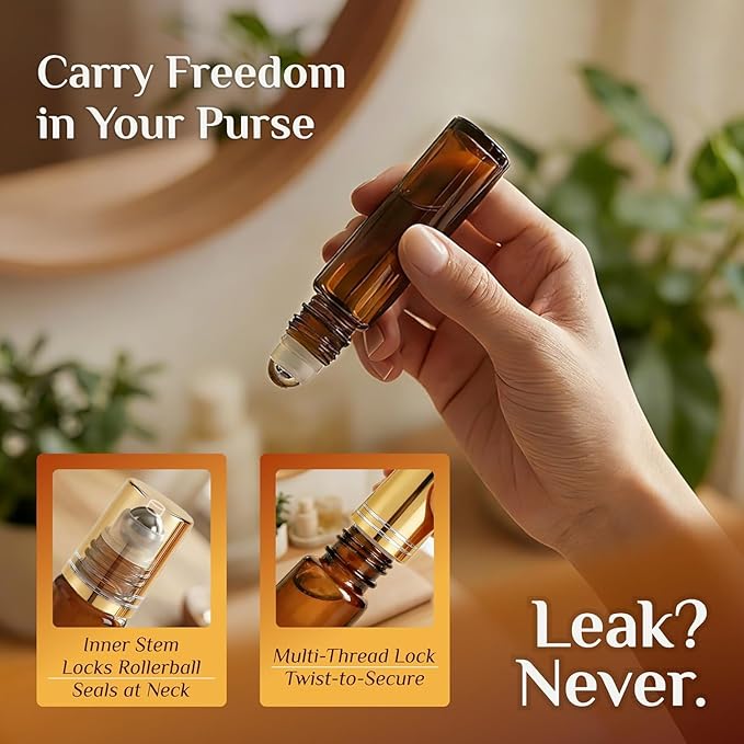 PrettyCare 60 Pack, 10 ml Essential Oil Roller Bottles with Stainless Steel Roller Ball - Bulk Refillable Leak-proof Empty Thick Amber Glass Roll on Bottles with Metal Caps for Travel, Perfume