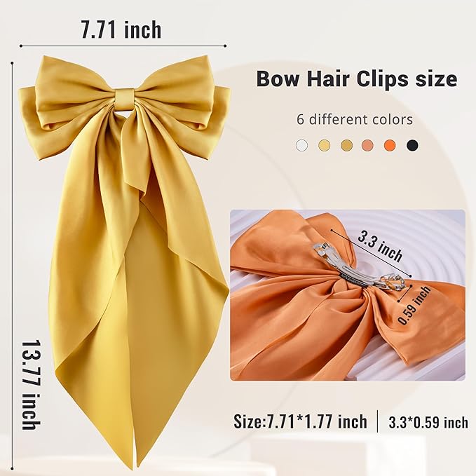 6Pcs Large Bows Hair Clips for Women Girls Long Tail Hair Ribbon Silky Satin Barrettes Coquette Bows Accessories (Black/Orange/Yellow/White)