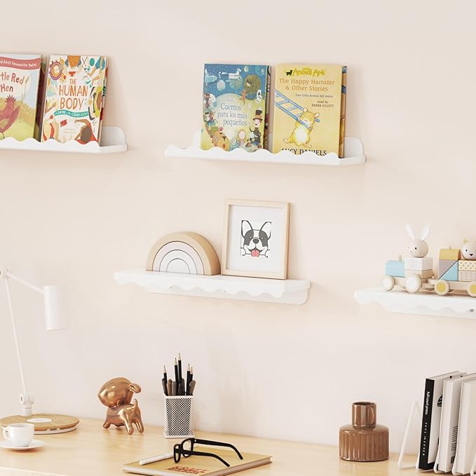 Lifewit Plastic Nursery Floating Book Shelves 12 Pack, 15"x3.4" White Clouds Plastic Wall Shelf for Bedroom Kids, Hanging Bookshelf Racks for Baby Toddler Children Room Decor, White
