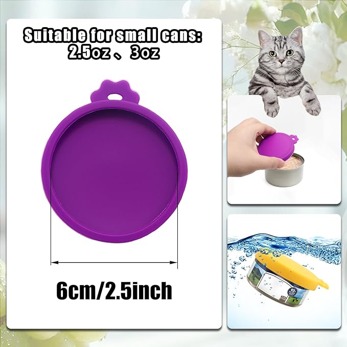 PINE & LINEN 4 Pcs 2.5inch Durable Pet Can Lids,Silicone Small Pet Can Covers Waterproof Cat Food Cans Lids for 3 oz Cat Food Cans(Purple+Pink+Green+Yellow)