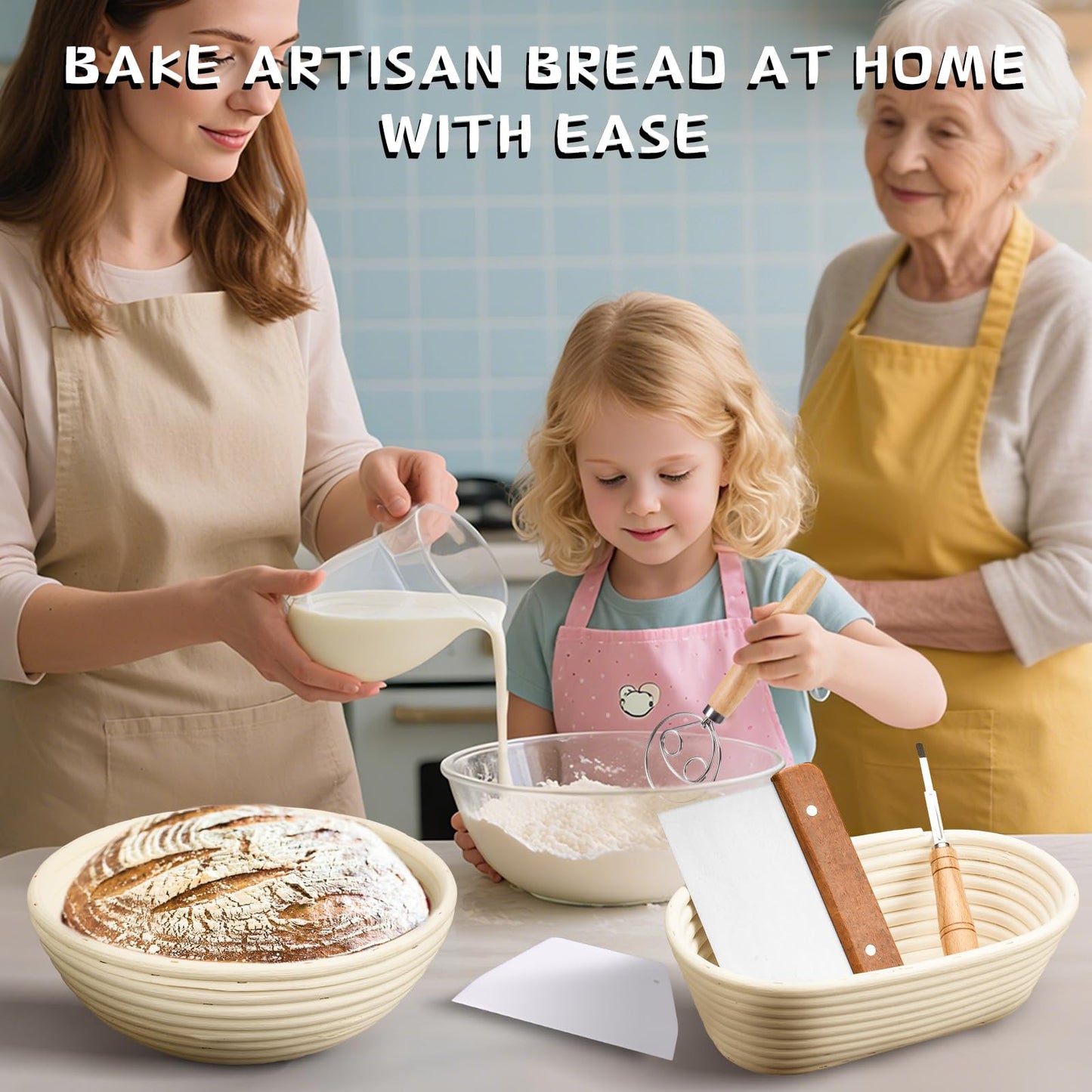 Dimpola Banneton Bread Proofing Basket Banneton Basket Set Sourdough Proofing Basket Round Proofing Bowls Handmade Rattan Baskets and Liners (Round of 2 Gift Set)