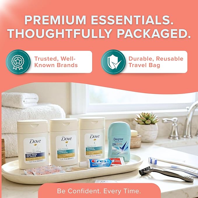 TrekTote Womens Bulk Travel Hygiene Kits 12 Piece, Travel Size Toiletries Set with Cosmetic Bag, Bulk Case Pack Pre Assembled Care Kits