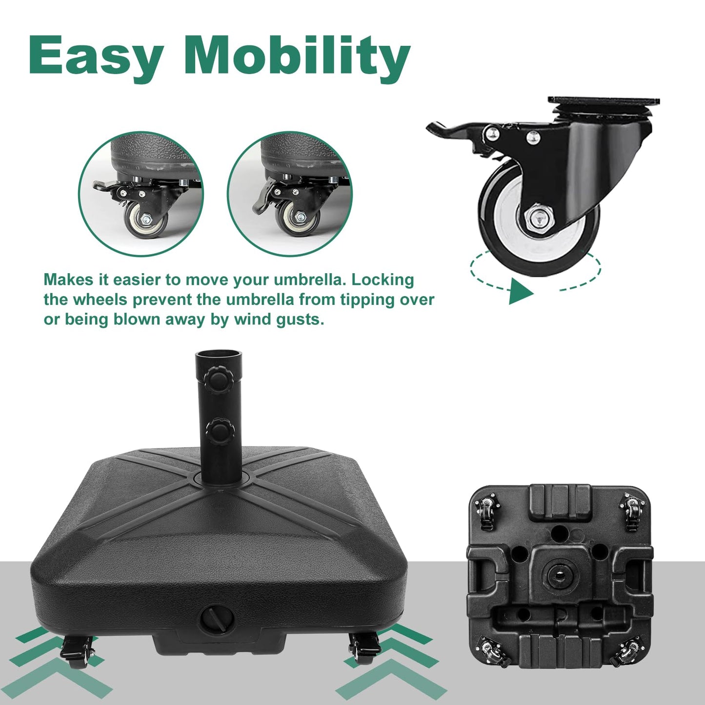 RAOKUKH Patio Umbrella Base Heavy Duty with Wheels Square Market Stand for Outdoor 4 Locks 2 Knobs 125lb Capacity, Black