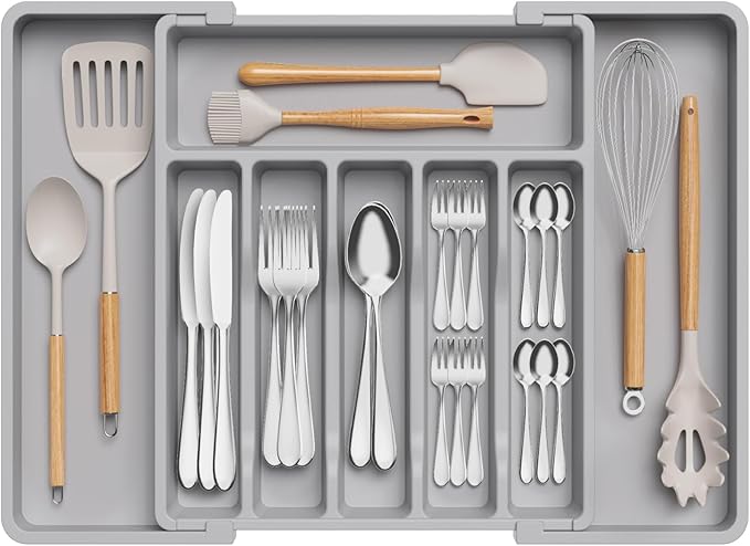 Lifewit Silverware Drawer Organizer, Expandable Utensil Tray for Kitchen, BPA Free Flatware and Cutlery Holder, Adjustable Plastic Storage for Spoons Forks Knives, 13-22 x 15", Grey