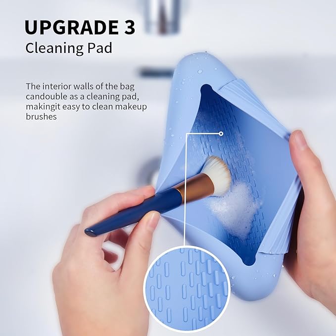 2 IN 1 Silicone Makeup Brush Holder with Beauty Make Up Sponge Holder Case：Soft Portable Cosmetic Face Brushes Holder with Upgrade Anti-Fall Out Magnetic Closure - Blue