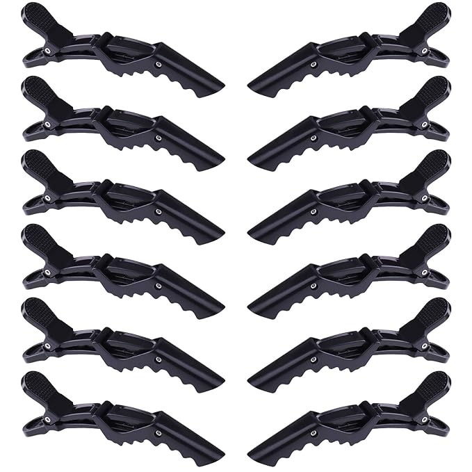 GLAMFIELDS 12 pcs Black Alligator Hair Clips for Women Styling Sectioning Salon, Professional Durable Non-slip Plastic Grip Clip for Hair Cutting Wide Teeth & Double-Hinged Design