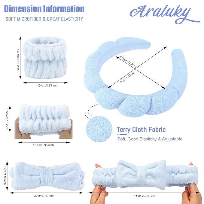 6 Pcs Puffy Terry Cloth Headbands and Wristbands - Sponge Makeup Removal Shower Masks for Skincare and Face Washing