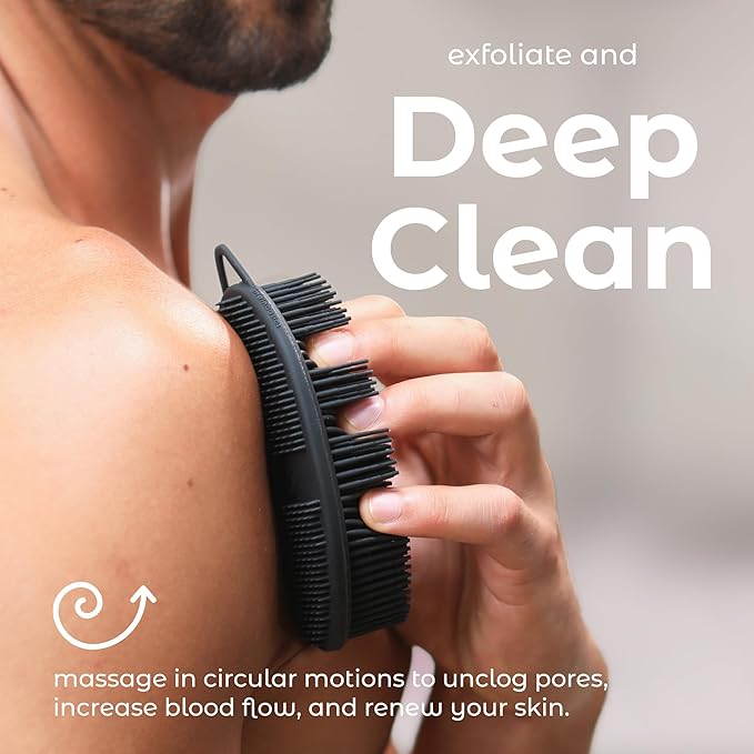 MainBasics Silicone Body Scrubber Dual-Sided Shower Loofah and Exfoliator (Black, Exfoliate)