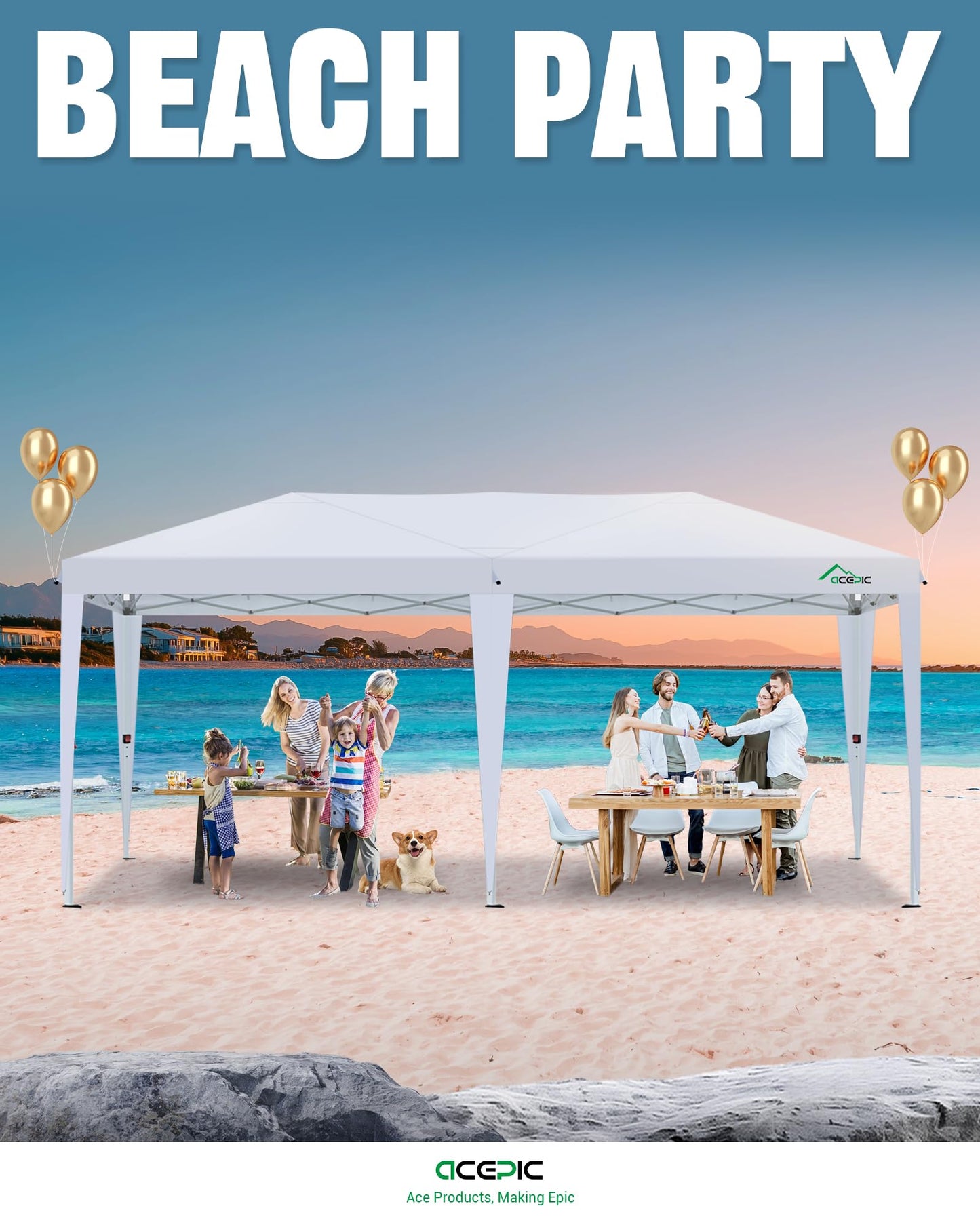 Acepic 10x20 Pop Up Canopy,2 Central Lock Easy Set-up Outdoor Party Tent, Commercial Tent, 6 Removable Sidewalls, Stakes x12, Ropes x6, Hand Bag x1, Sandbags x4 (White, 10 * 20)