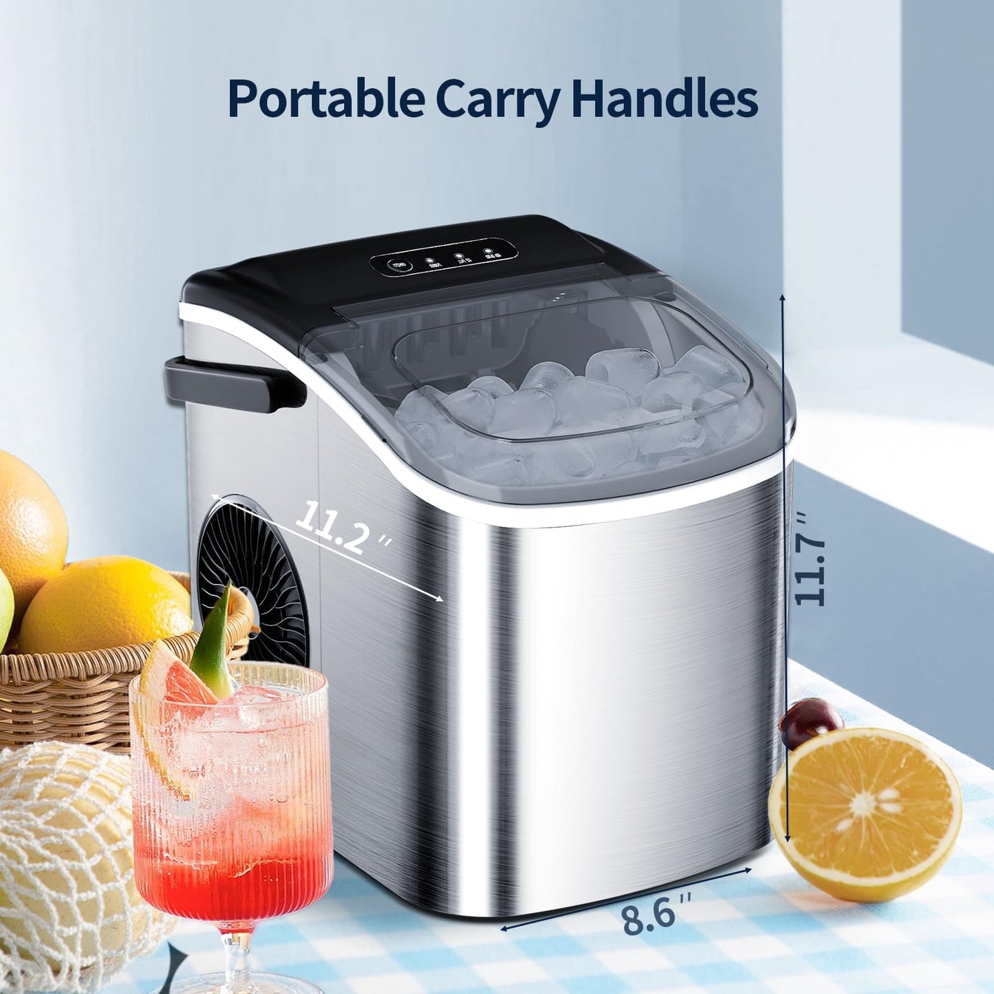 ZAFRO Ice Maker Countertop, Portable Stainless Steel Ice Machine with Self-Cleaning,26.5lbs/24H,9 Bullet Ice Cubes in 6 Mins,Ice Basket and Scoop,Ideal for Home,Kitchen,Party, Stainless Steel Silver