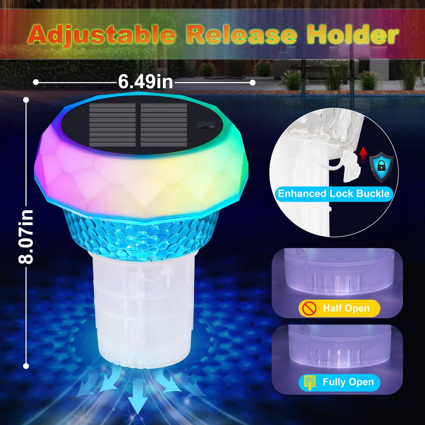 Solar Pool Chlorine Floater with Automatic Darkness-Sensing Light - Floating Dispenser Holds 3" Tablets (Not Included), Anti-Sinking Chlorinator & Bromine Holder for Pool SPA Party