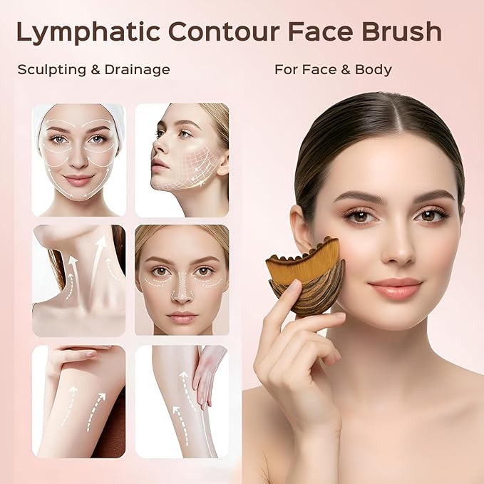 2PCS Lymphatic Contour Face Brush for Lymphatic Drainage Massager Tool for Face & Neck Lifting, Gua Sha Brush, Jawline Chin Sculpting, Dry Brushing, Curved Ergonomic Design(Brown, 2PCS)