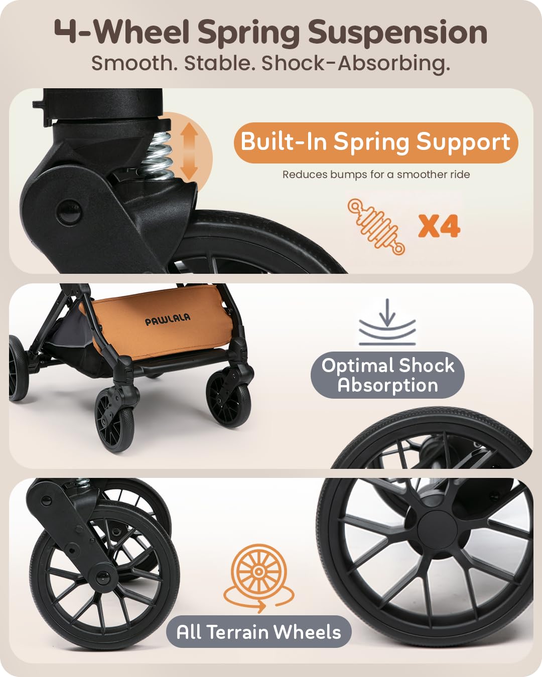 PAWLALA Pet Stroller with Detachable Carrier for Small & Medium Dogs & Cats, Smooth Comfort Ride with Shock-Absorbing Suspension, Foldable Dog Stroller, Compact Storage (Midnight Black)