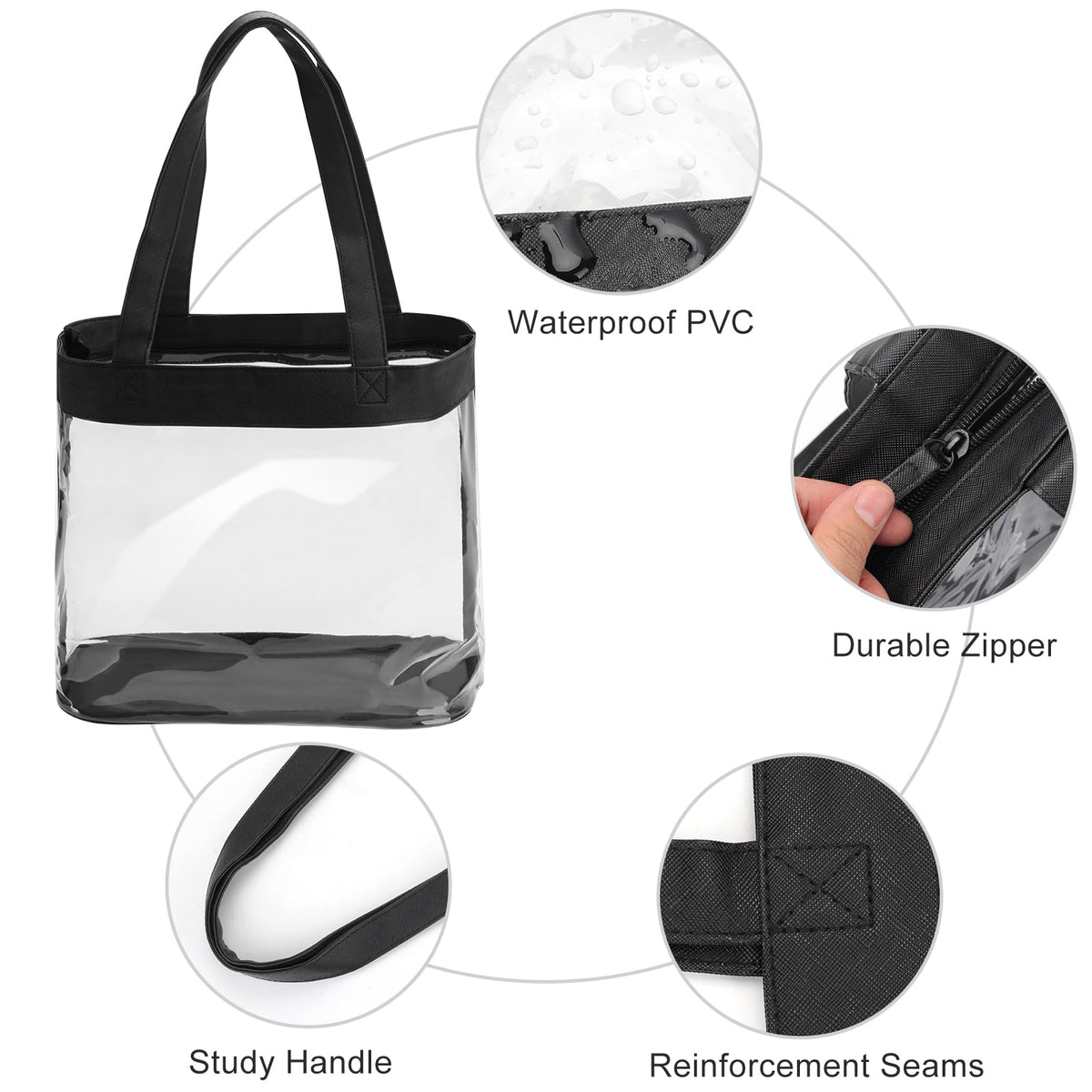 SeBUCUOO 12x12 Clear Tote Bag for Stadium Events, Women's Transparent Shoulder Bag with Stadium Approved Size 12x6x12, Black