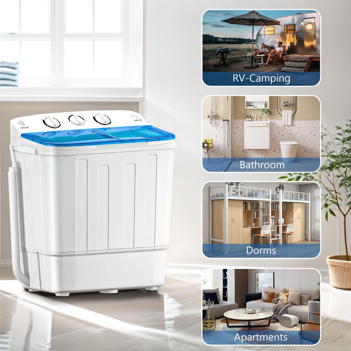 DOGHLY Portable Washing Machine, 18lbs Compact Laundry Washer, Free Drying Rack & 10 Hangers, 11lbs Wash & 7lbs Spin Dry, Twin Tub Mini Washing Machine for Dorm, RV, Camping, Apartment