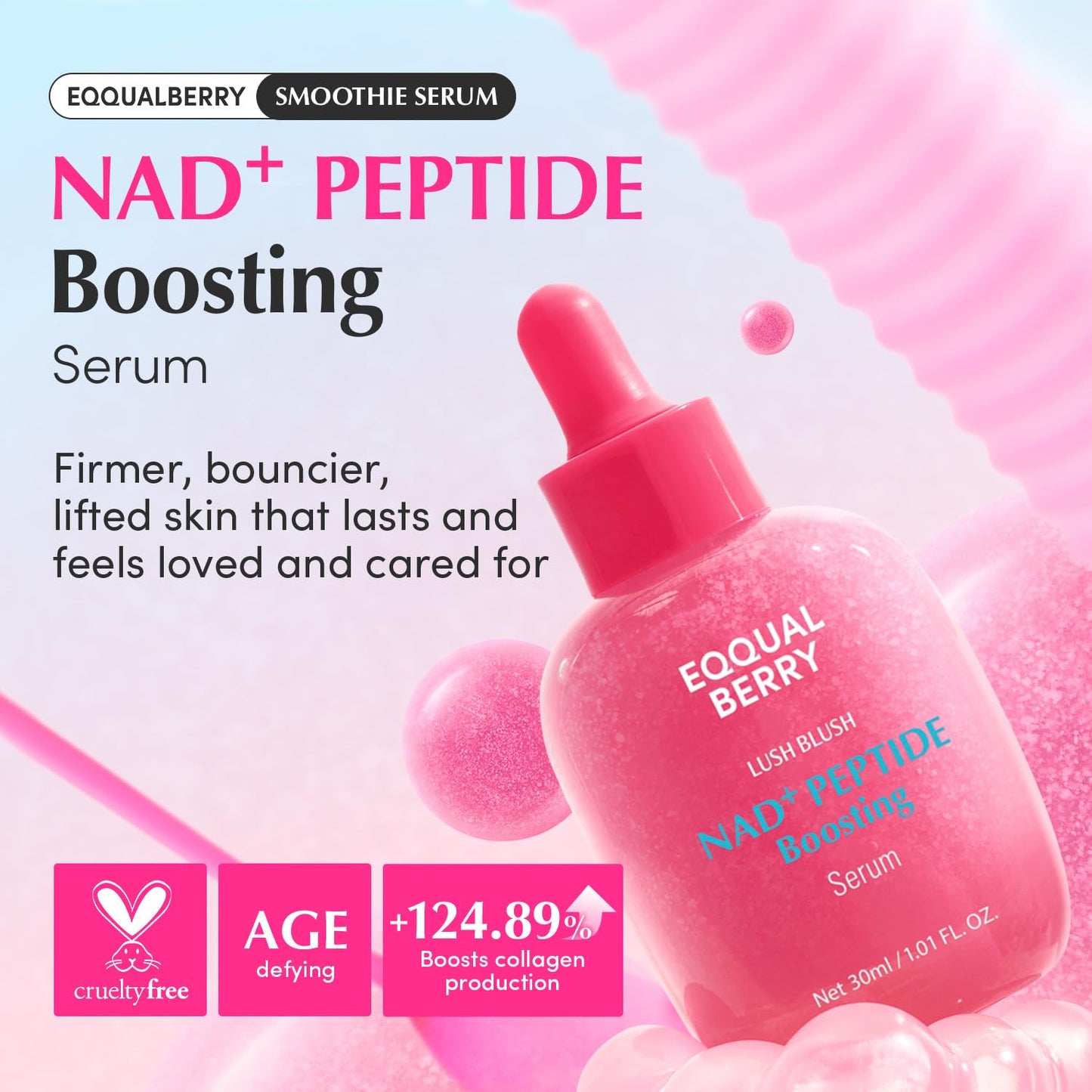 EQQUALBERRY NAD+ Peptide Boosting Serum – Niacinamide 2% + 14 Peptides + Vegan Collagen Anti-Aging Korean Skincare Face & Neck & Body Serum | Firming & Lifting Pink Serum (1.01oz / 30ml)