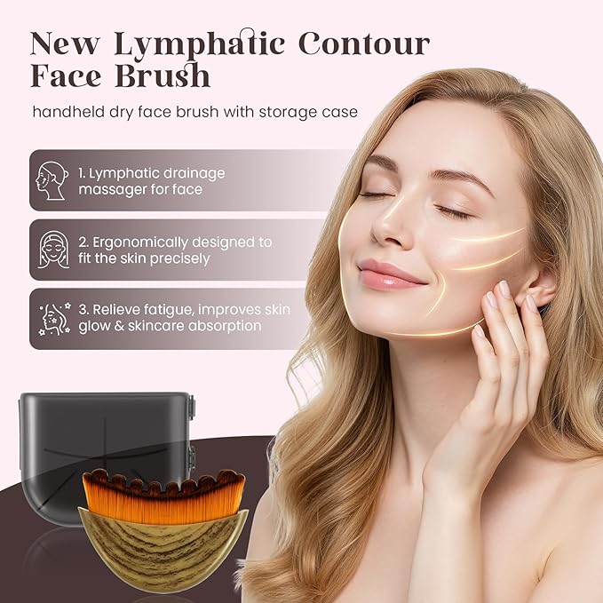 Lymphatic Contour Face Brush and Jade Gua Sha Set, 2-in-1 Manual Facial Dry Brush for Lymphatic Drainage - Anti-Puffiness, Detox Sculpting Brush to Improve Skin Glow & Absorption