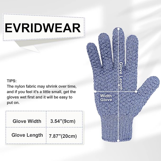 Evridwear Exfoliating Dual Texture Bath Gloves for Shower, Spa, Massage and Body Scrubs, Dead Skin Cell Remover, Gloves with Hanging Loop (3 Pairs Heavy)