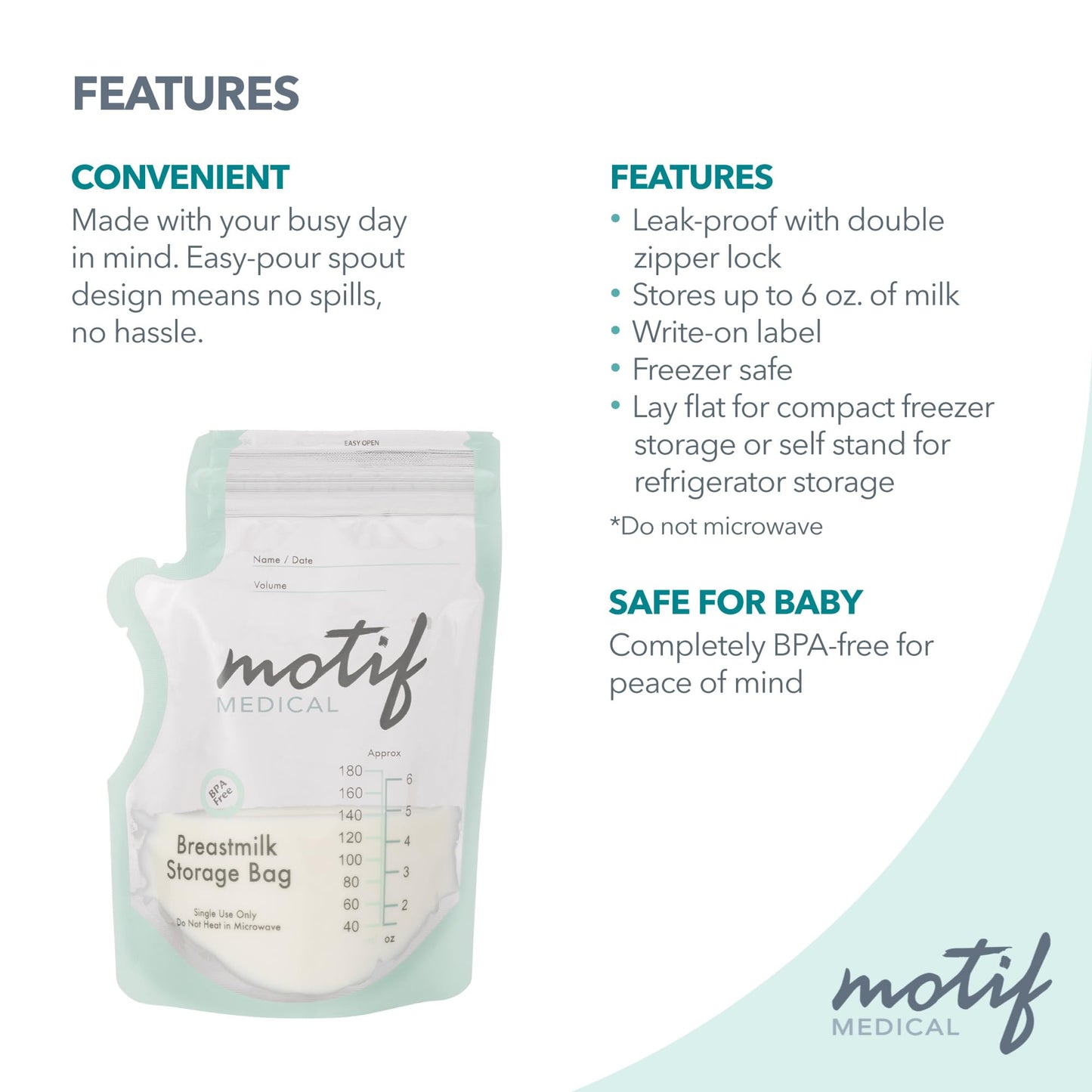 Motif Medical Breastmilk Storage Bags - Breastmilk Freezer Bags w/Easy Pour Spout, Write-On Label - Leak-Proof Double Zipper Milk Bags for Breastmilk - Breastfeeding Mom Gifts (6 oz, 100 Count)