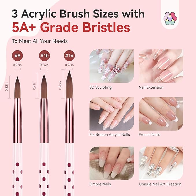 SAVILAND 3PCS Acrylic Nail Brush Set: Size 8/10/14 Kolinsky Acrylic Brush Professional Nail Brushes for Acrylics Powder, 3D Carving & Nails Extensions, Pink Manicure Tool for DIY Home Salon