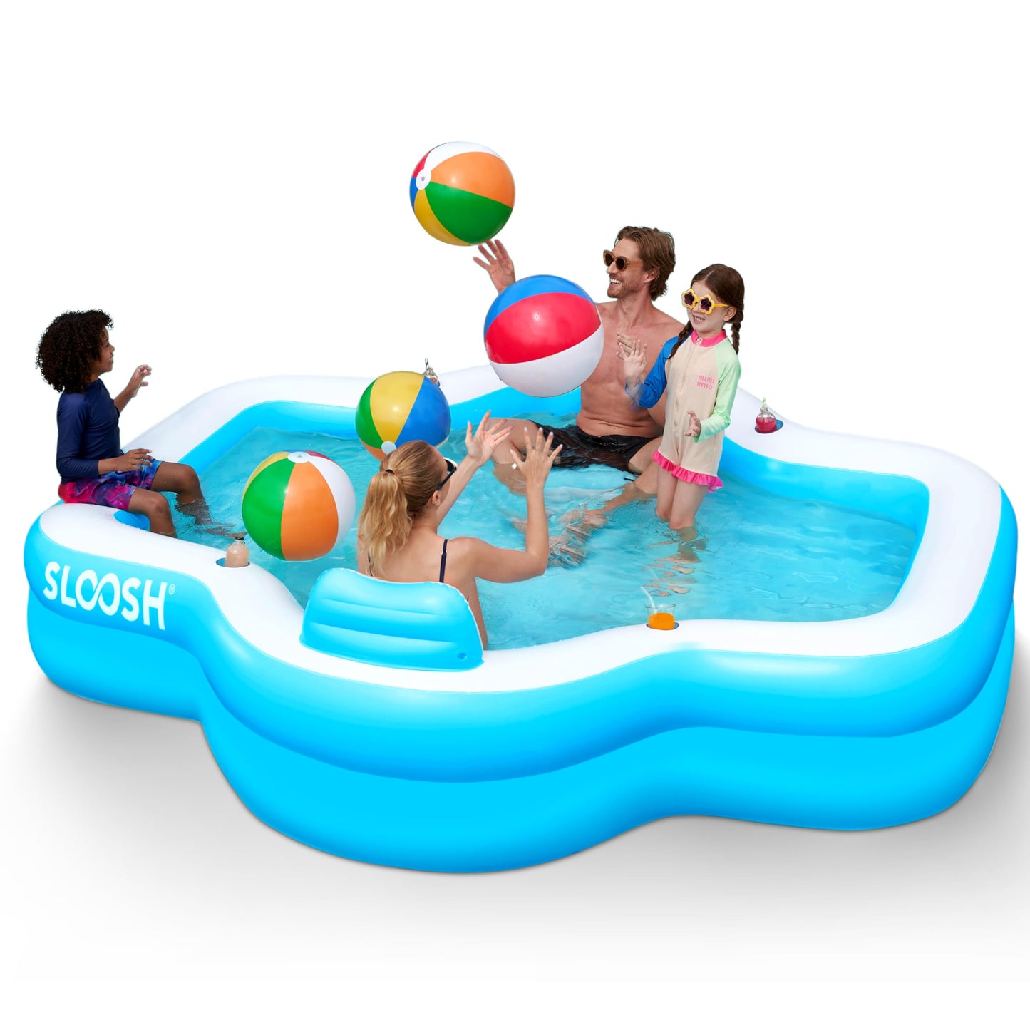 SLOOSH Inflatable Pool for Family with Seats, 120" x 101" x 26" Full-Sized Blow Up Durable Thickened Above Ground Pool with Backrest Cup Holders,Swimming Pools for Backyard Summer Water Lawn, Blue