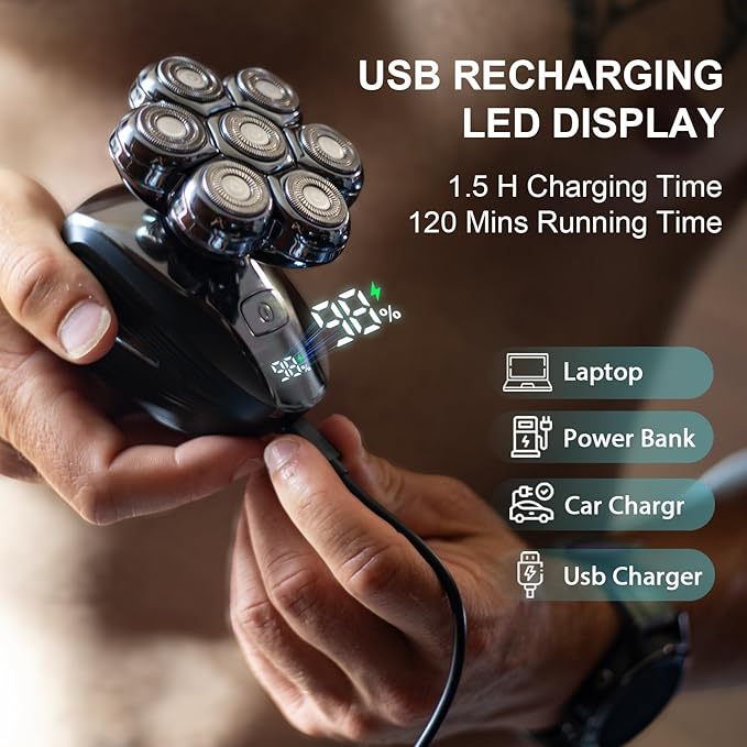 Head Shavers for Bald Men: Upgraded Detachable Head Shaver - IPX7 Waterproof Wet or Dry Electric Razor for Men - 7D LED Display Rechargeable Shaving Grooming Kit with Type-C Charge