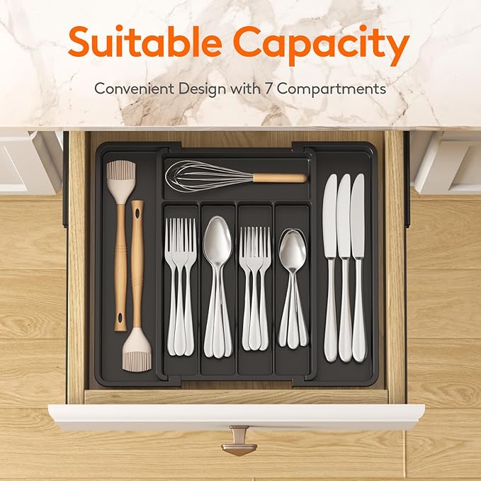 Lifewit Expandable Silverware Organizer, Plastic Utensil Tray for Kitchen Drawer, BPA Free Flatware Cutlery Holder, Space-Saving Storage for Spoons Forks Knives, 8.5-14 x 12 x 1.5 inch, Black