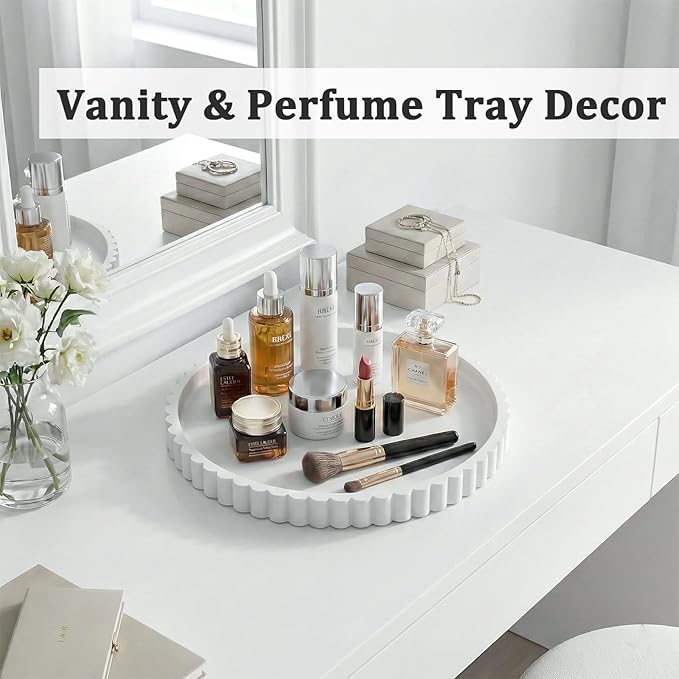 HighHerz Silicone Bathroom Countertop and Vanity Tray-10 Inch Round Silicone Bathroom Tray, Modern Bathroom Decor, Coffee Table Decor, Decorative Tray for Candle, Perfume, Plants (White)
