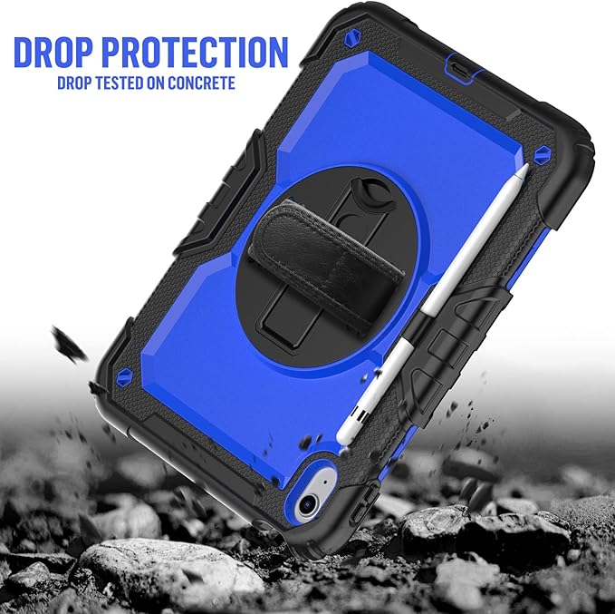 BLOSOMEET Case for iPad A16 11th/10th Generation 11''/10.9'' 2025/2022 with Tempered Glass Screen Protector & Pencil Holder, Rugged Military Grade Cover w/Stand Hand Shoulder Strap, Blue