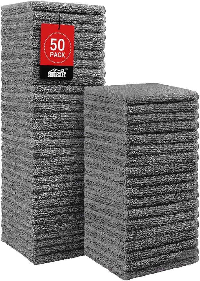 HOMEXCEL Microfiber Washcloths 50 Pack, Highly Absorbent and Soft Face Towel, Multi-Purpose Wash Cloths for Bathroom, Gym, Hotel, Spa and Kitchen, Multicolor 12x12 Inch, Grey