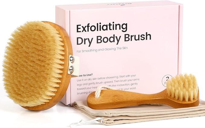 eaxun Bamboo Dry Brushing Body Brush Set, Natural Exfoliating Boar Bristle Face & Body Scrub Brush for Lymphatic Drainage, Cellulite, Blood Circulation and Glowing Skin, 2 Pack