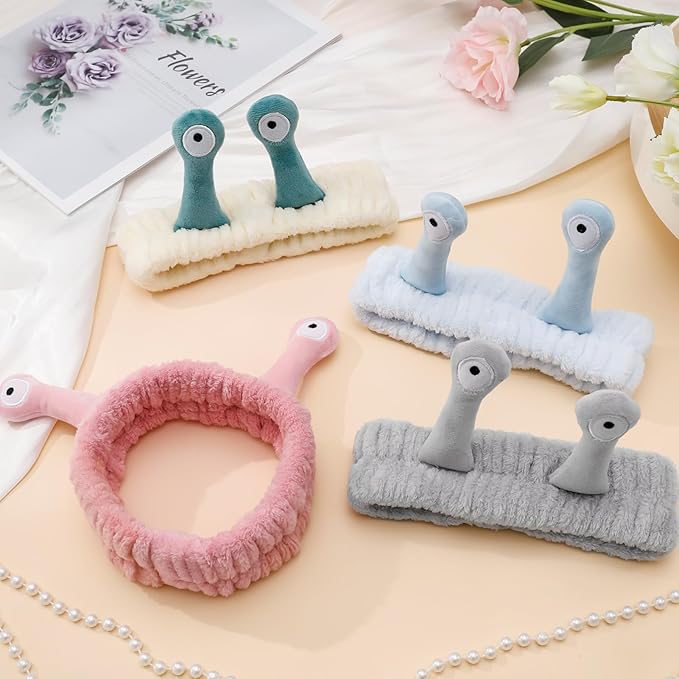 DragonflyDreams 4 Packs Snail Head Bands, Headband for Washing Face, Snail Spa Hair Bands Skincare Makeup Headbands Women Cartoon Cute Coral Fleece Elastic Headband Creative Hair Accessories for Women