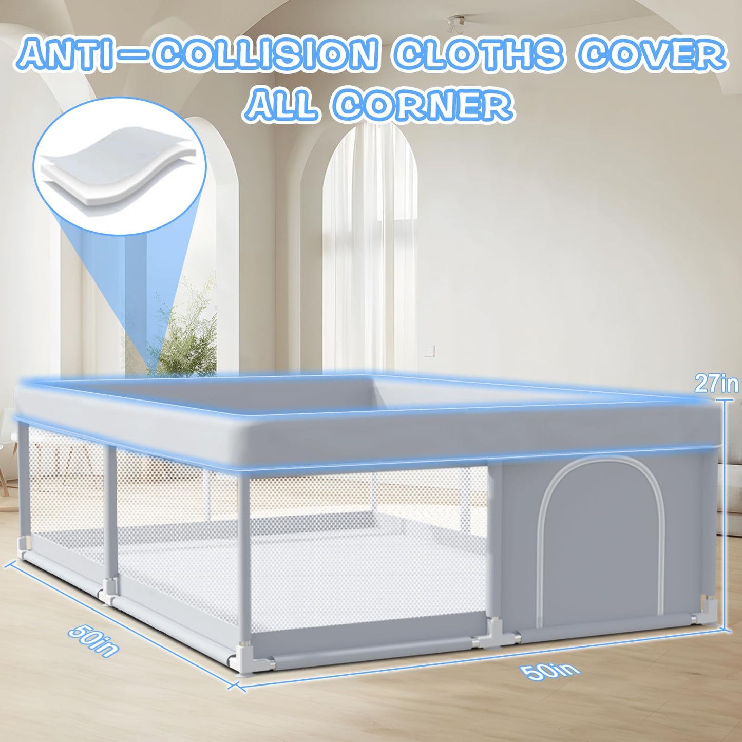 XVISHX Baby Playpen 50 x 50 Inch Play Pen Playards, Playpen for Babies and Toddlers, Baby Playard for Indoor & Outdoor Active Center Game Fence, with Skin-Friendly Fabric and Soft Breathable Mesh Grey