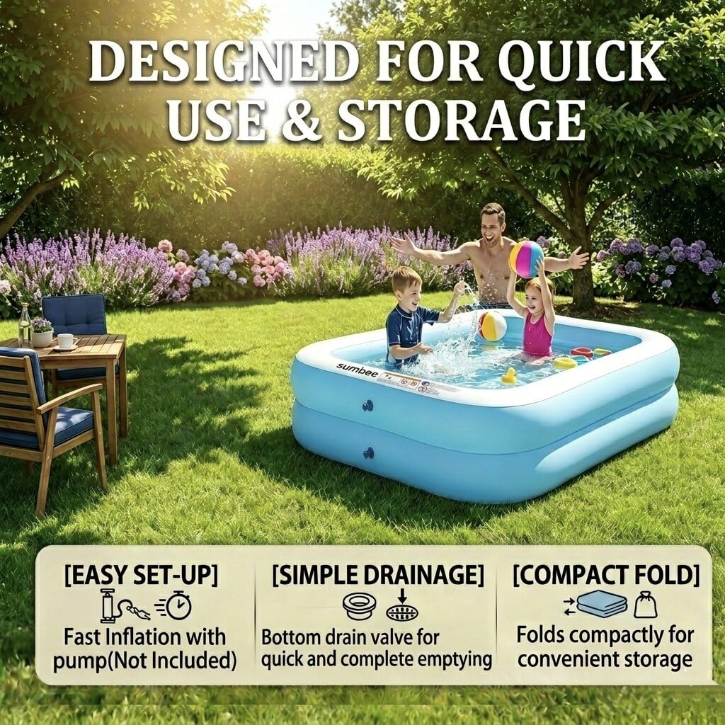 Sumbee Inflatable Pool for Kids and Adults, 79” x 59" x 20" Thickened Blow Up Swimming Family Pool for Toddlers Outdoor Patio Backyard Garden Deck Summer Party, Full Size Rectangular Blue