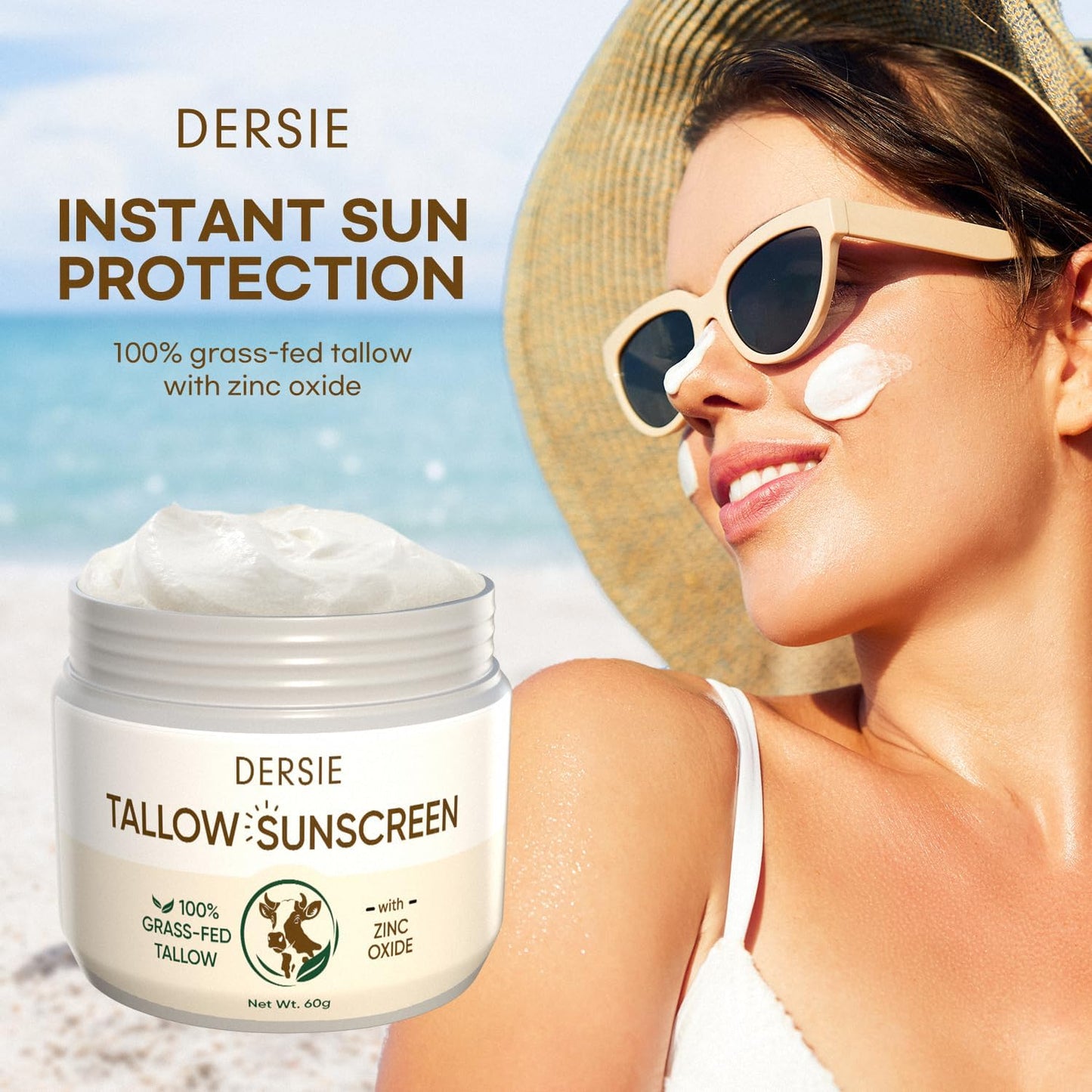 Dersie Tallow Sunscreen SPF 50 – Mineral UV Defense with Non-Nano Zinc Oxide – Face & Body Sun Protection for Adults & Kids – with 100% Grass-Fed Beef Tallow for Skin Comfort (2.1 oz)