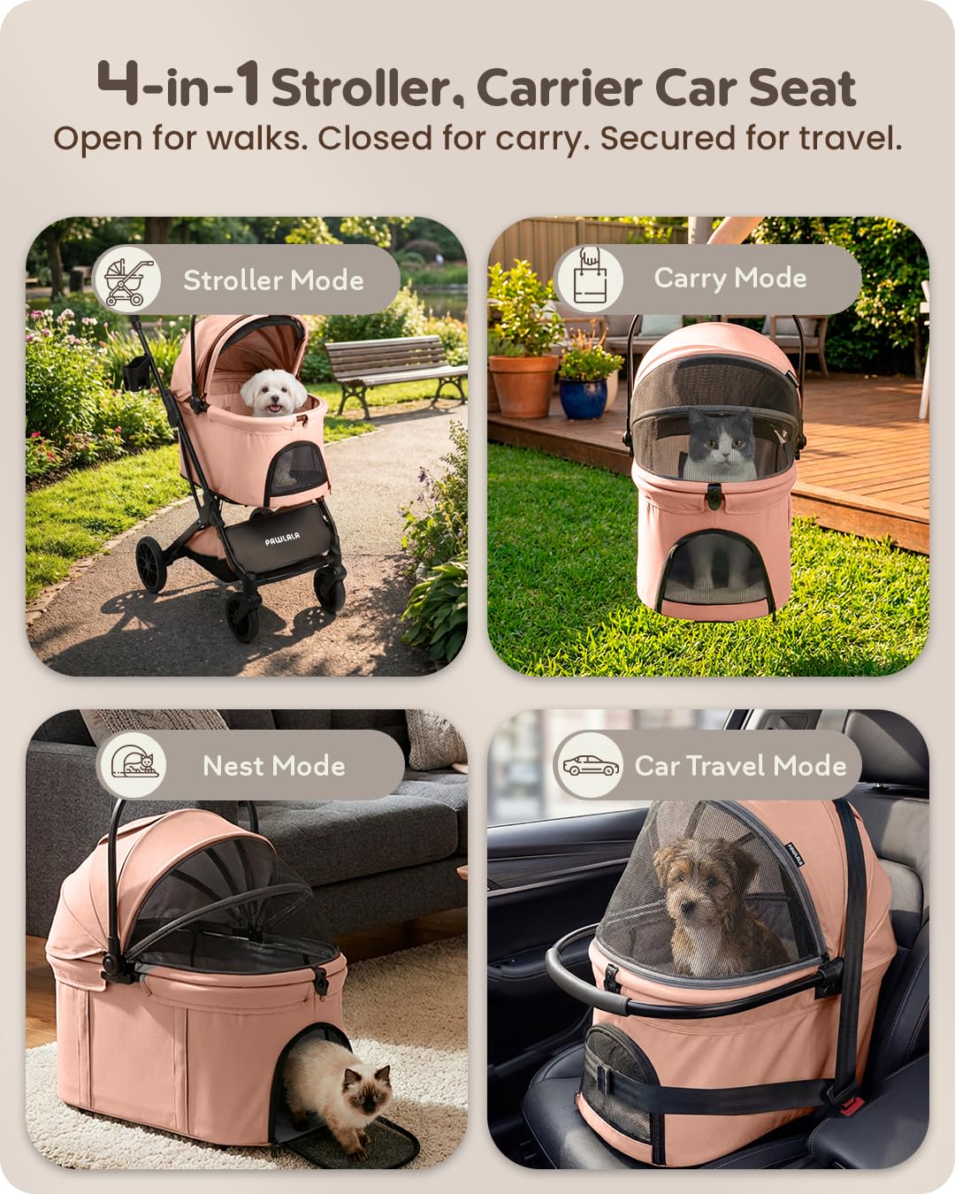 PAWLALA Pet Stroller with Detachable Carrier for Small & Medium Dogs & Cats, Smooth Comfort Ride with Shock-Absorbing Suspension, Foldable Dog Stroller, Compact Storage (Peach Pink)